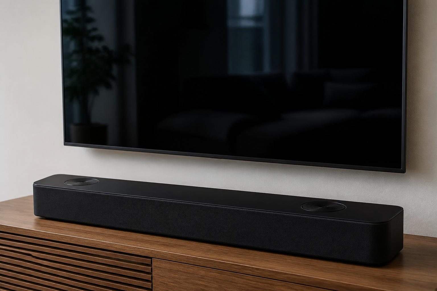Wide soundbar beneath a TV in a room with a flat ceiling