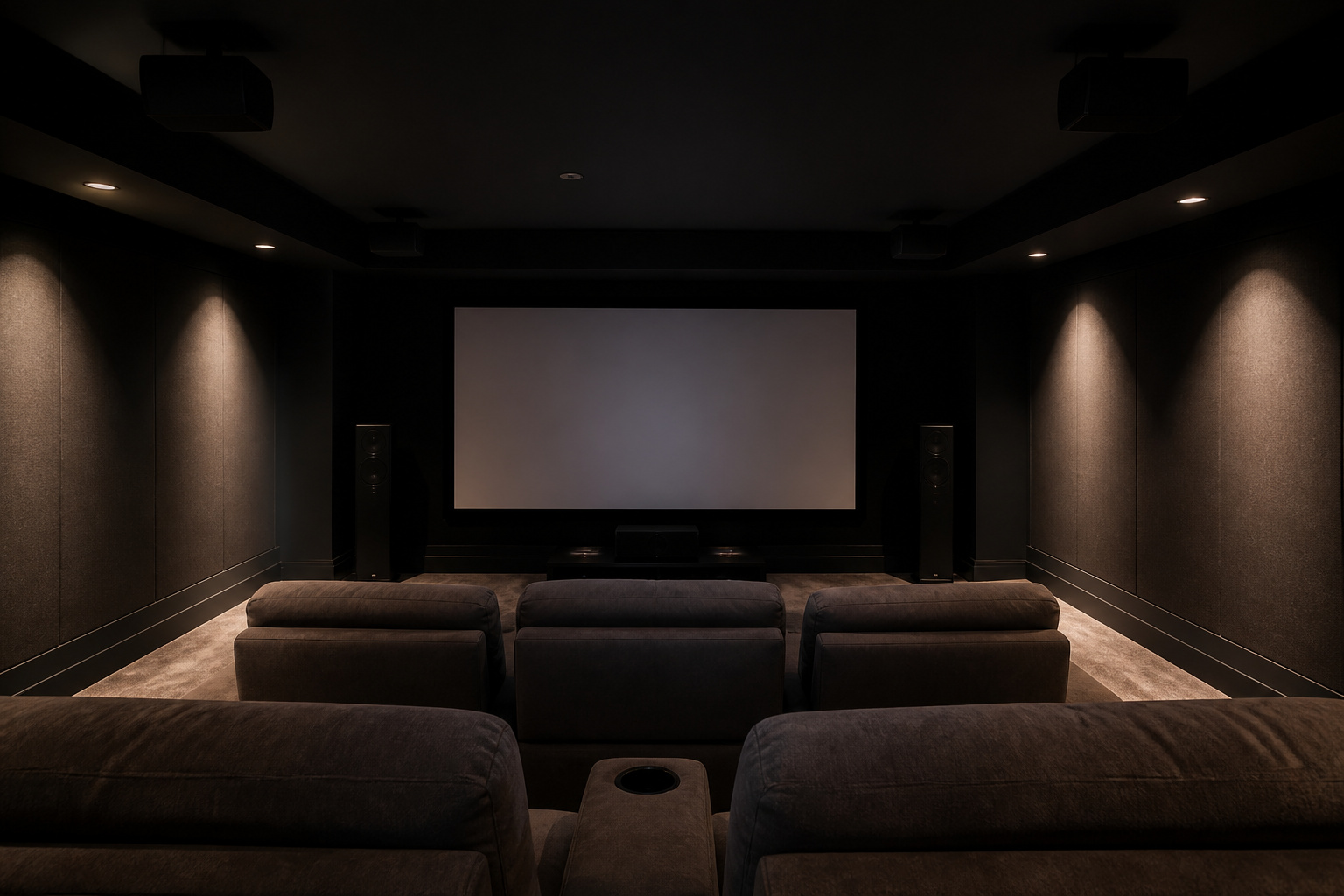 Home theater room with ceiling-mounted speakers