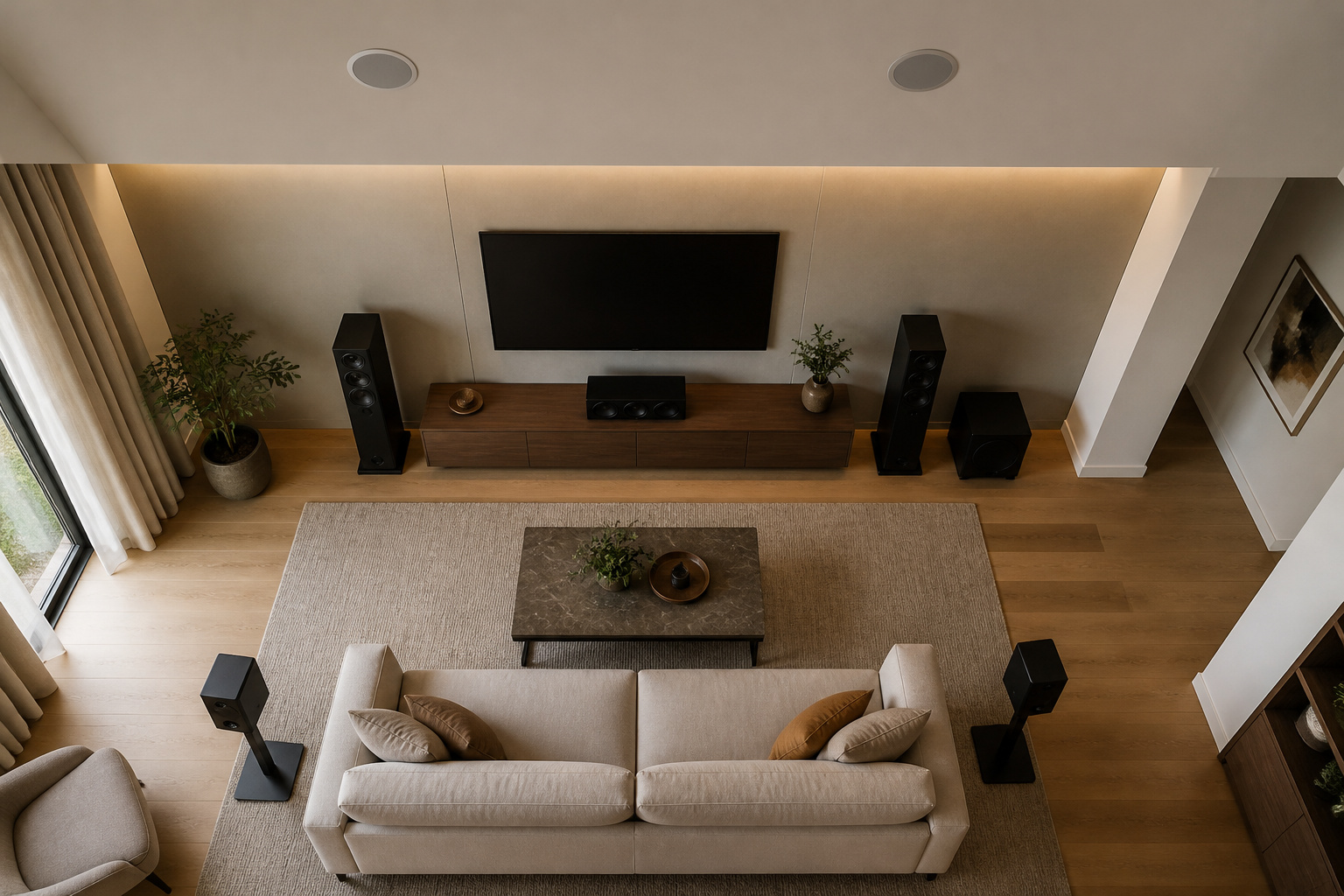 Living room with speakers around the sofa and on the ceiling