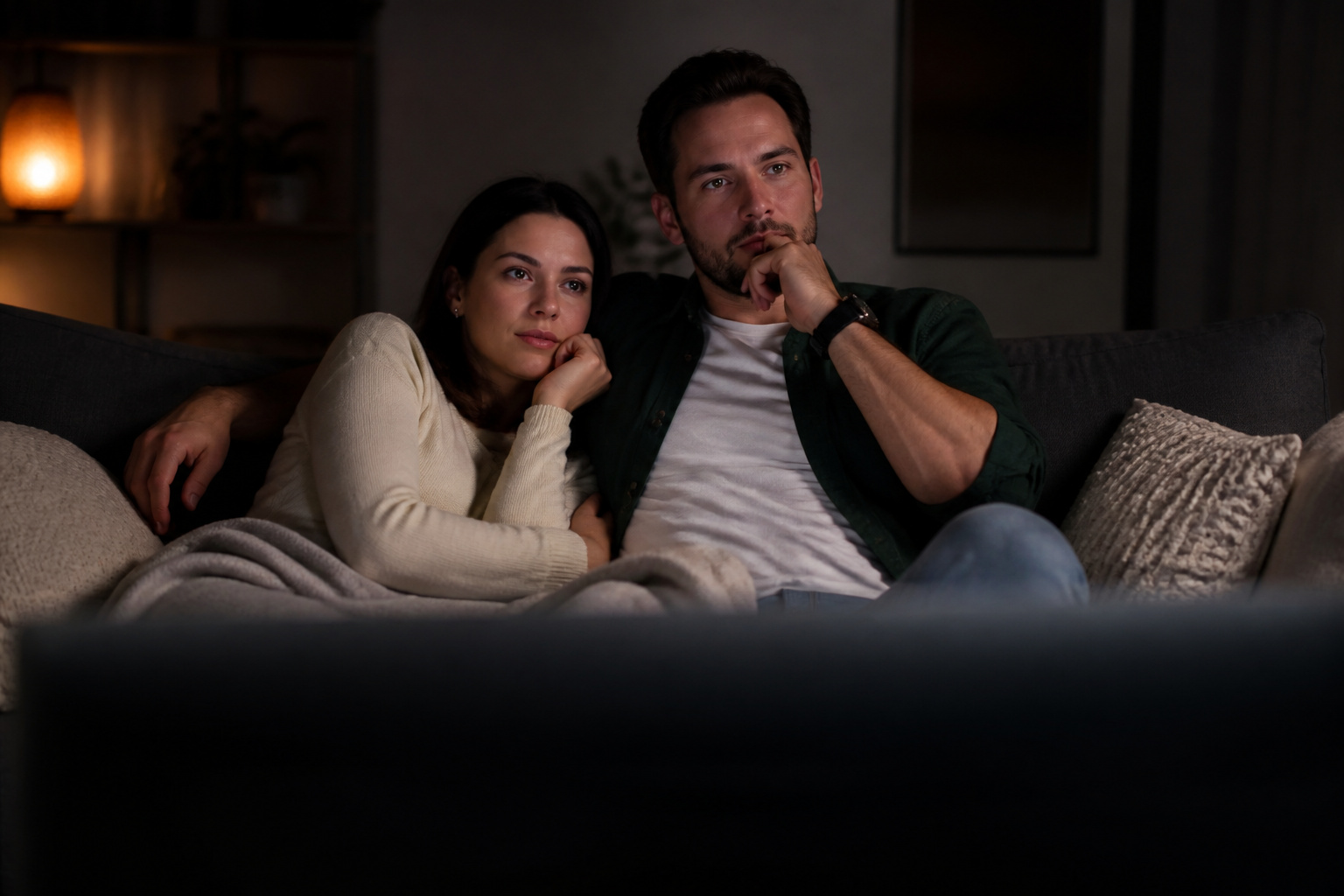 Couple enjoying a movie on a sofa in a dim room
