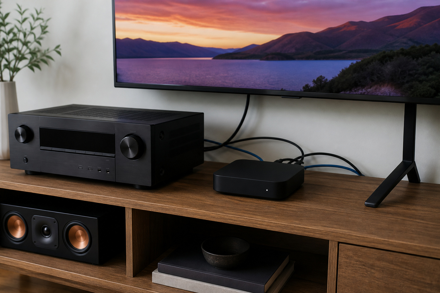 Receiver, streaming box, and TV on a media console