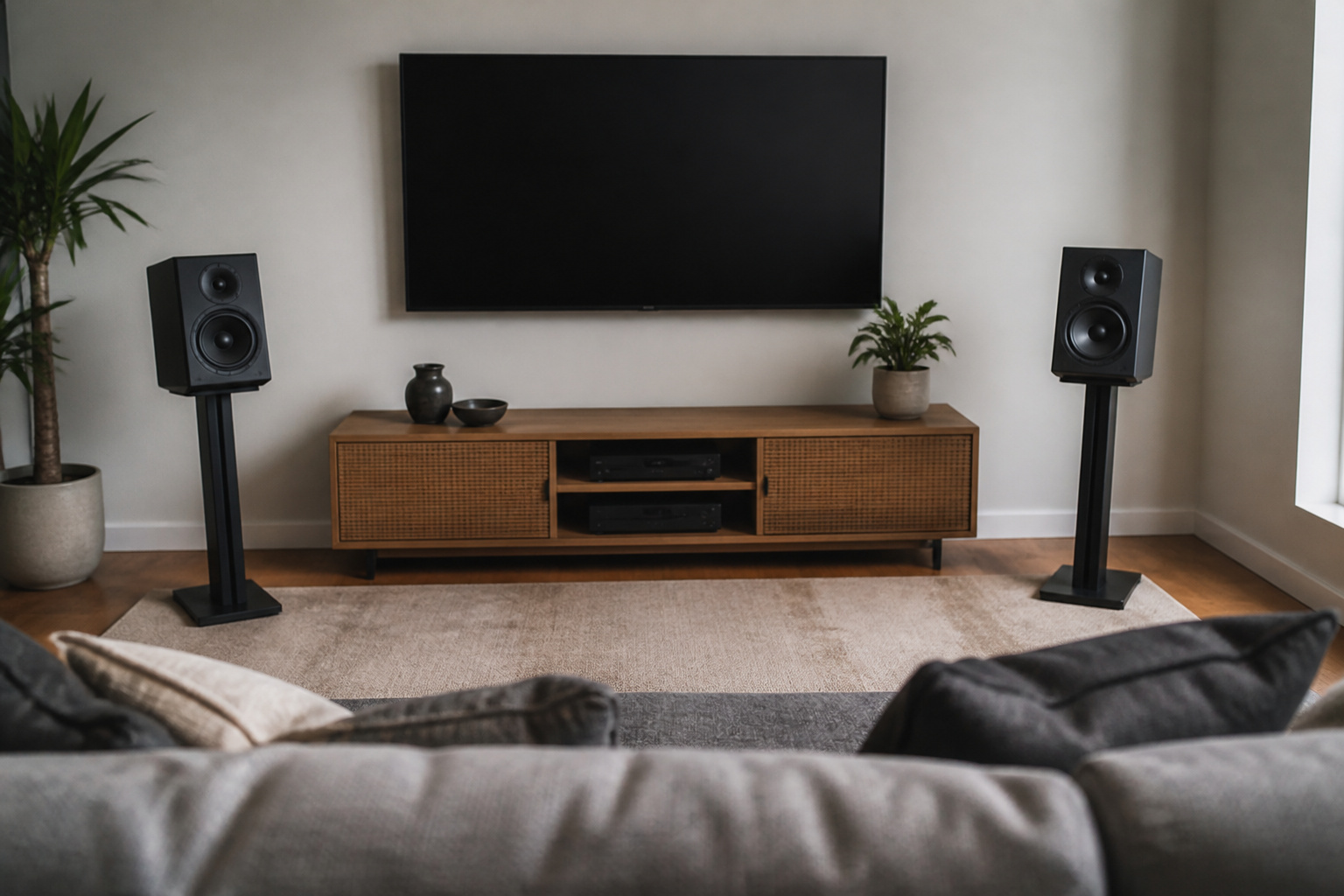 Two speakers on stands angled toward a sofa
