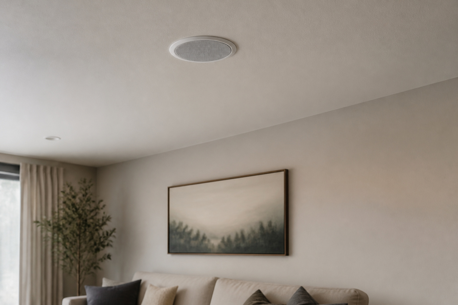 Ceiling-mounted speaker above a seating area