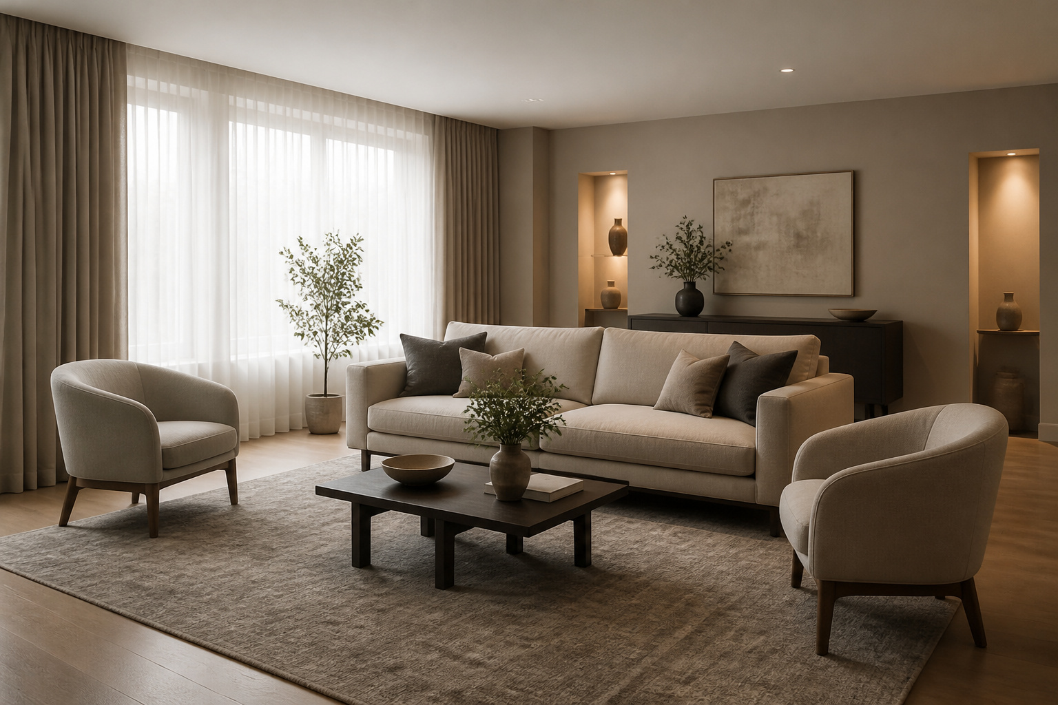 Sofa away from the back wall with a rug and curtains
