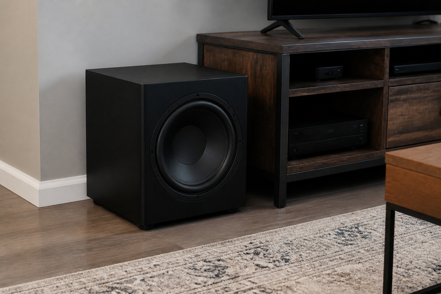 Subwoofer near the front corner of a living room