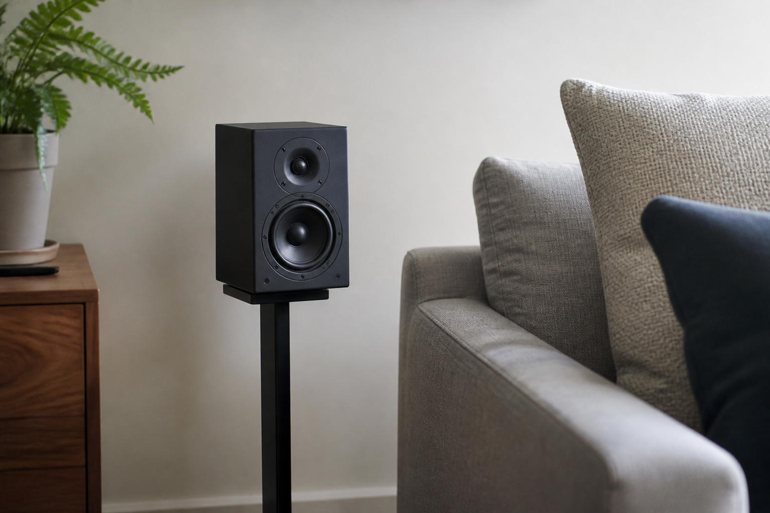 Surround speaker on a stand beside a sofa
