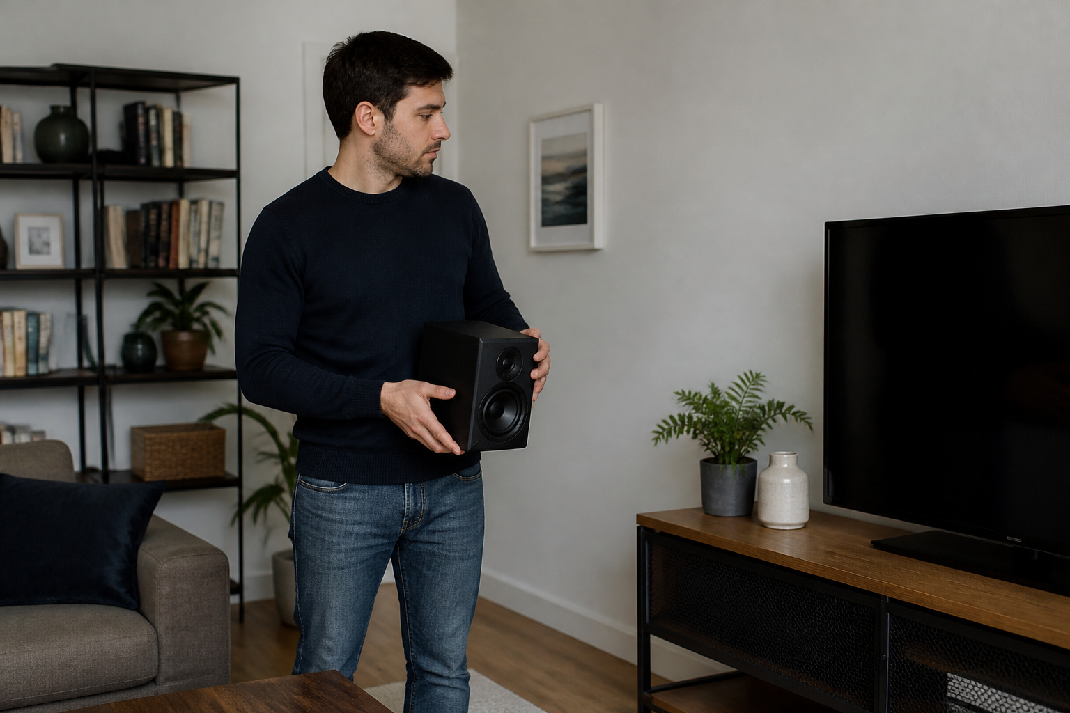 Person deciding where to place a speaker in a living room