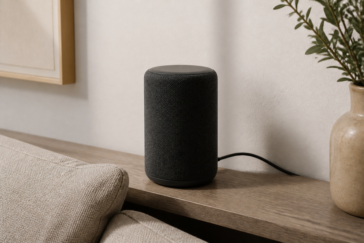 Compact wireless speaker on a shelf behind a sofa