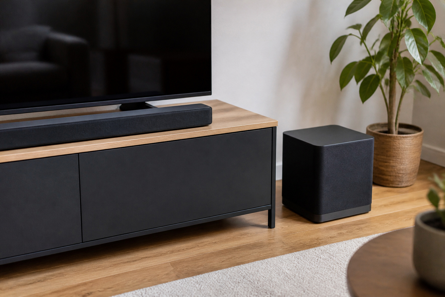New speaker box beside an existing soundbar setup