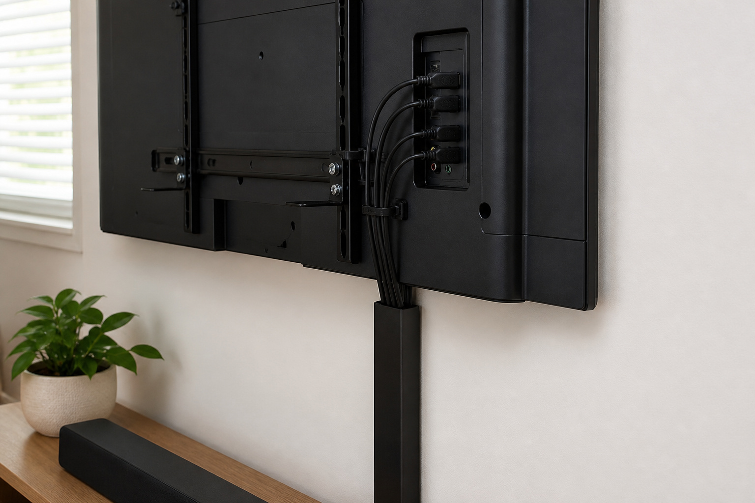 Neatly routed cables behind a wall-mounted TV