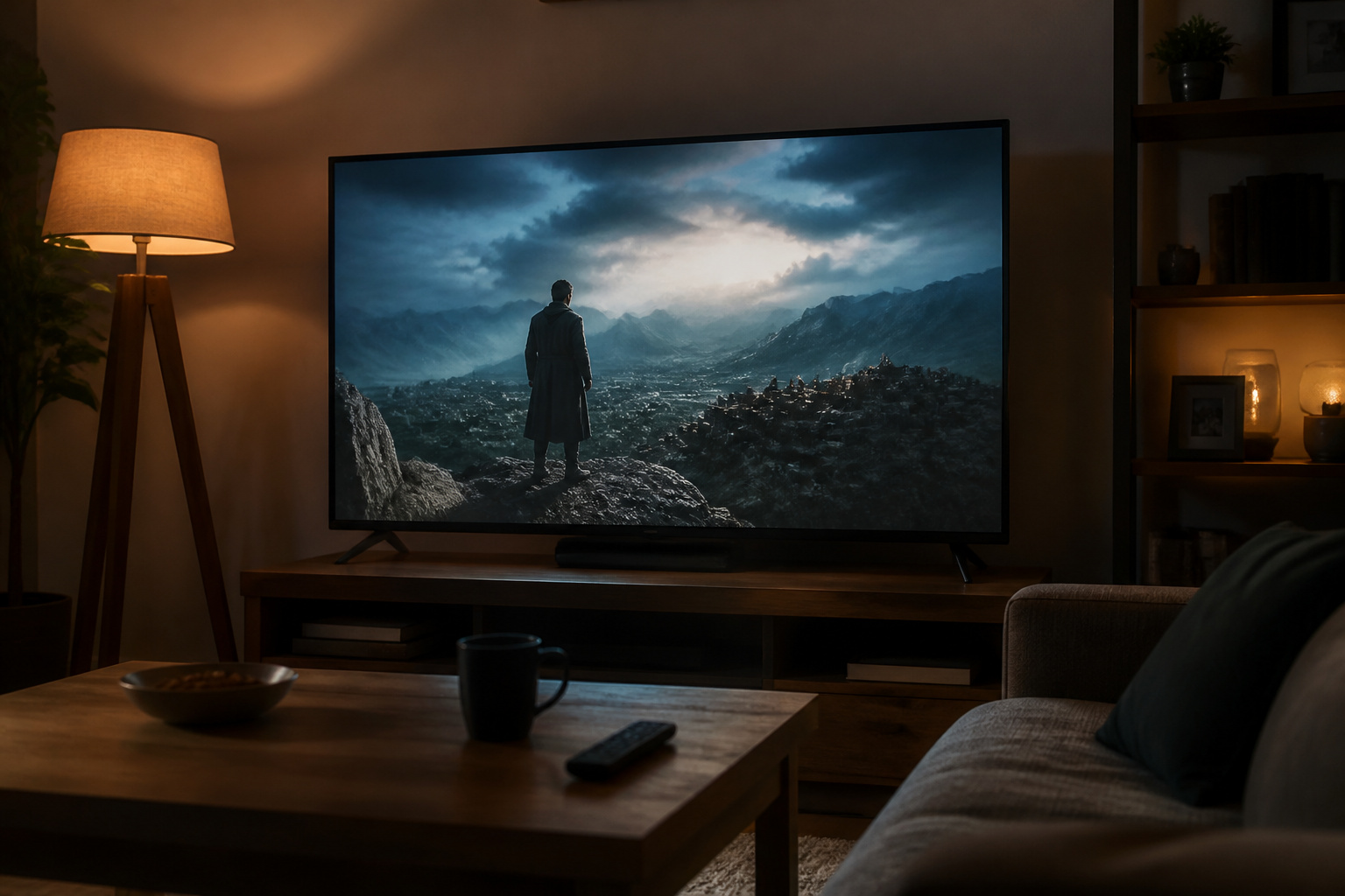 TV showing a rich cinematic scene in a living room