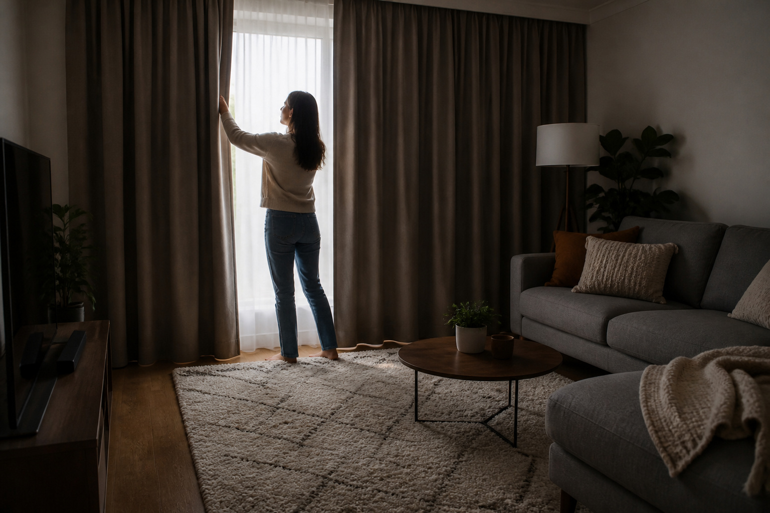 Person closing curtains in a living room to dim the light