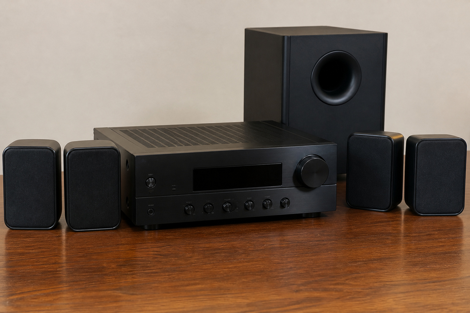AV receiver with satellite speakers and a subwoofer