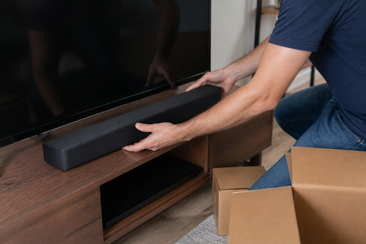 Person setting up a soundbar under a TV