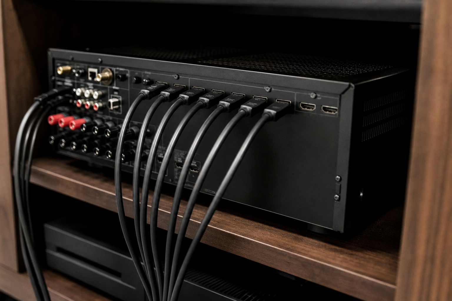 AV receiver with several HDMI cables connected