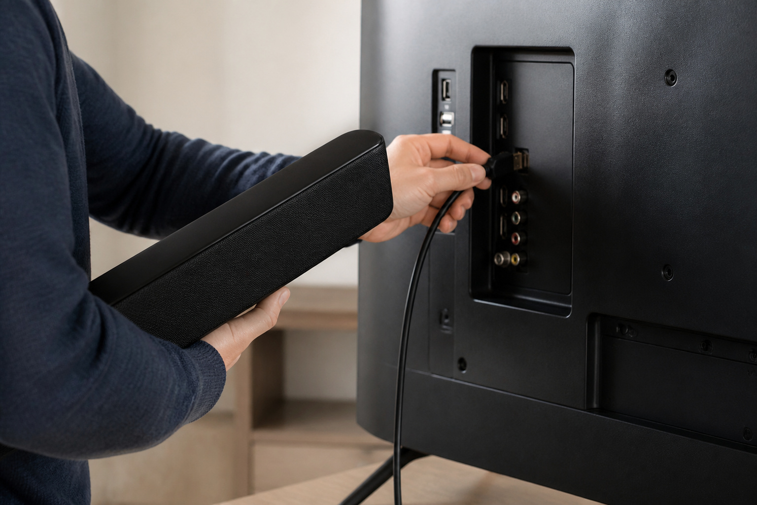 Person plugging an HDMI cable into the back of a TV