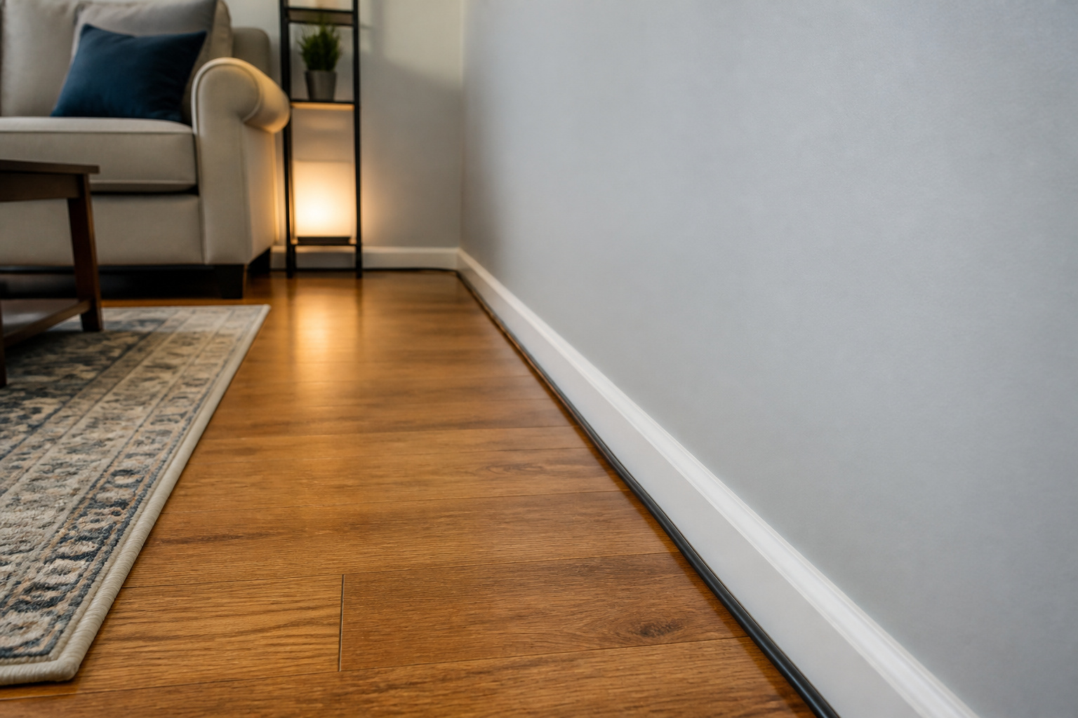 Long HDMI cable running along a living room baseboard
