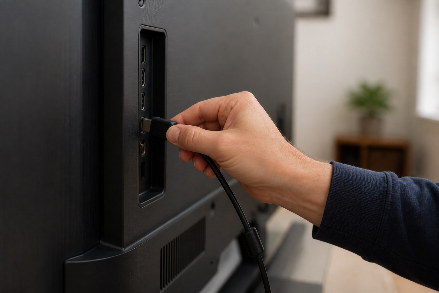 Person swapping an HDMI cable into a different TV port