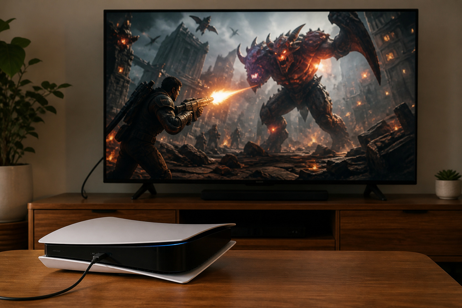 Game console connected to a TV by a cable
