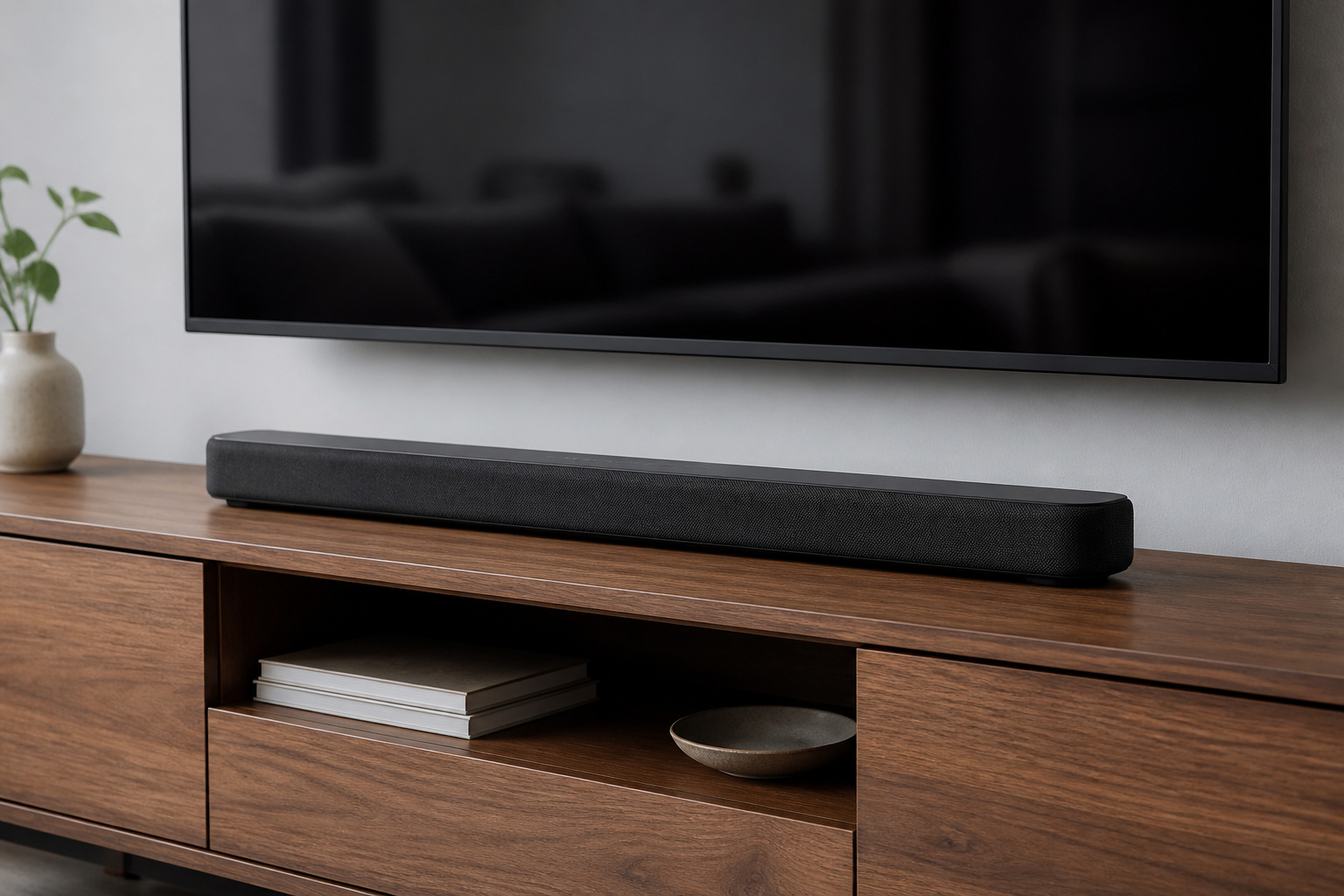 Slim soundbar on a media console below a TV