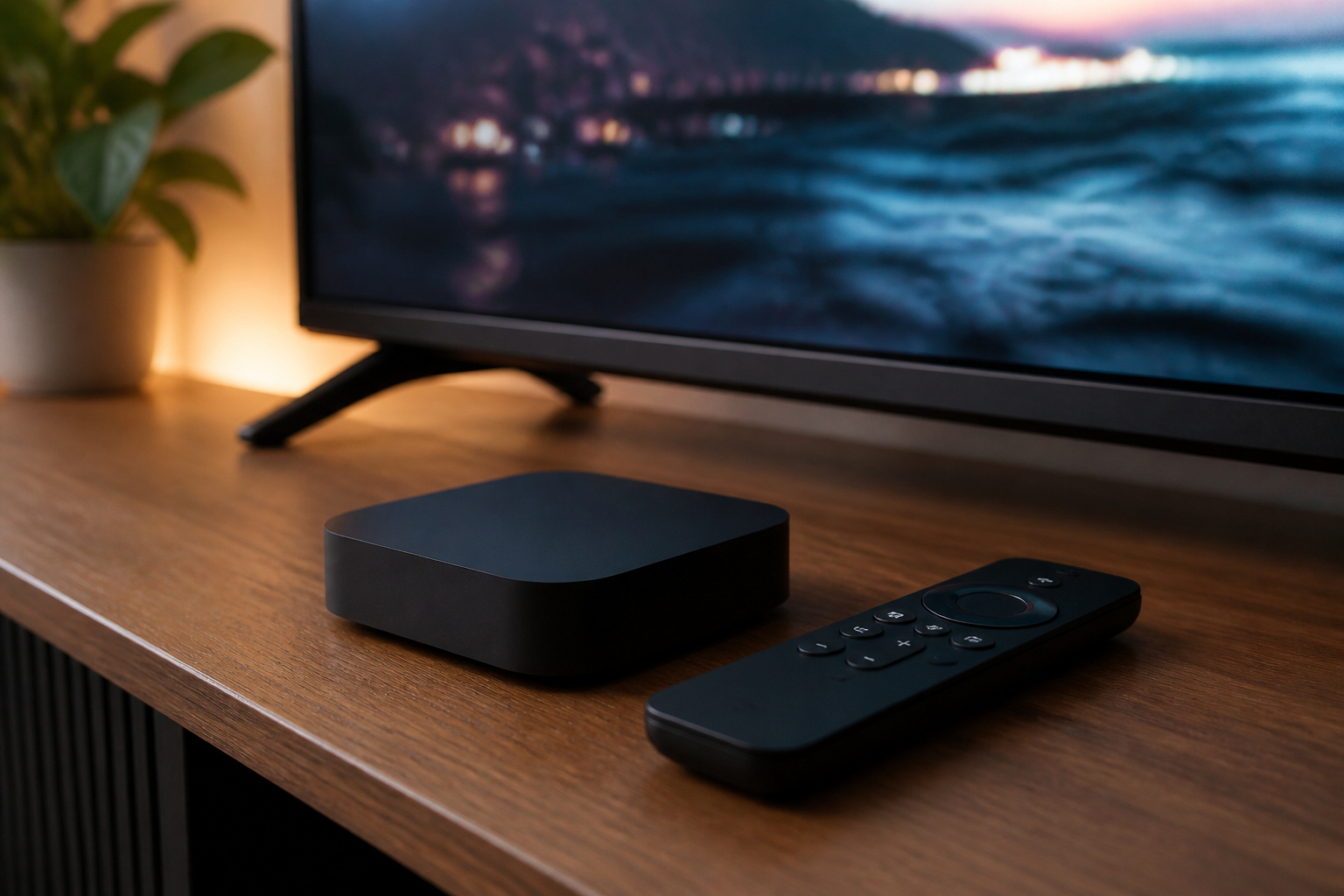 Streaming box and remote on a TV stand