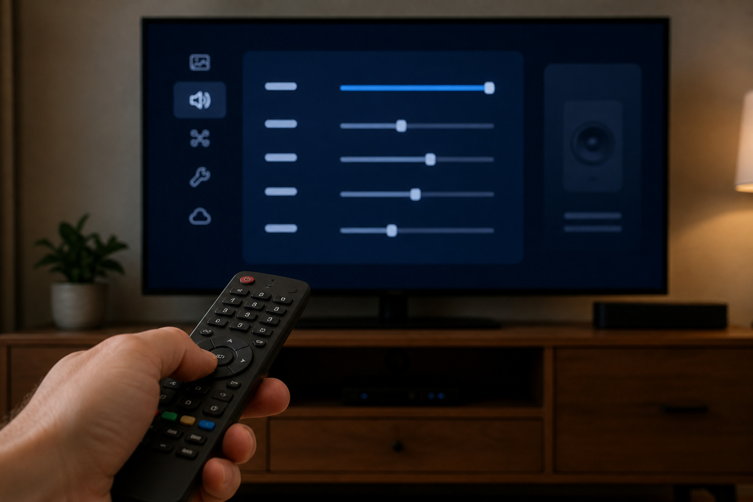 Hand holding a remote at a TV sound settings menu