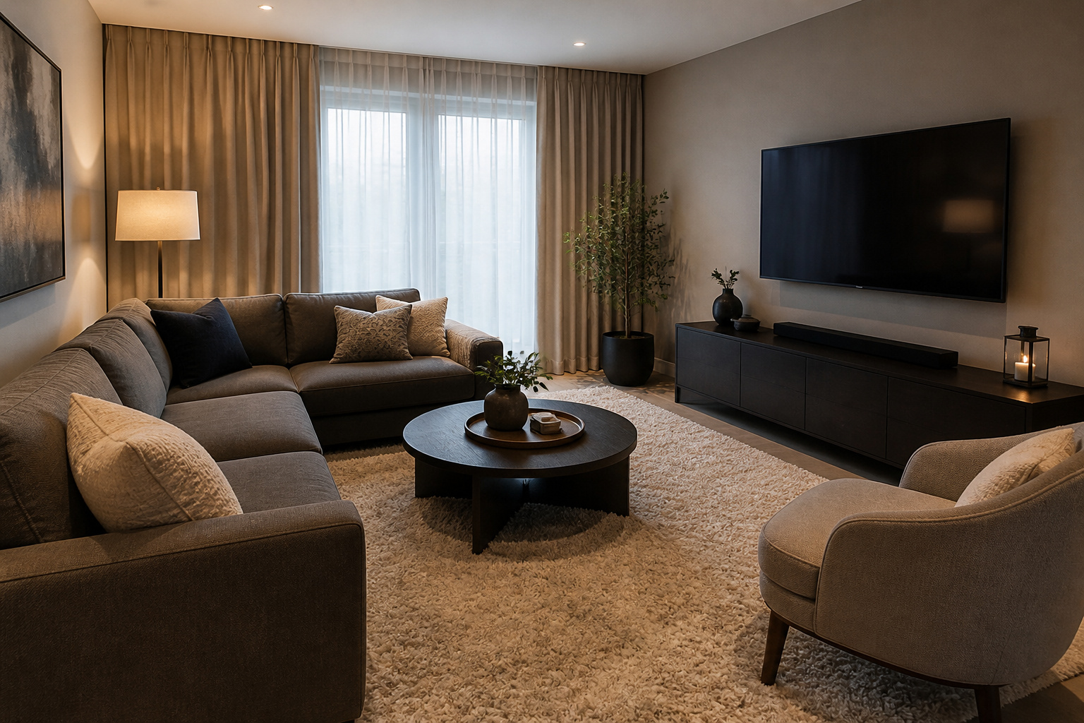 Living room with a rug, curtains, and upholstered sofa