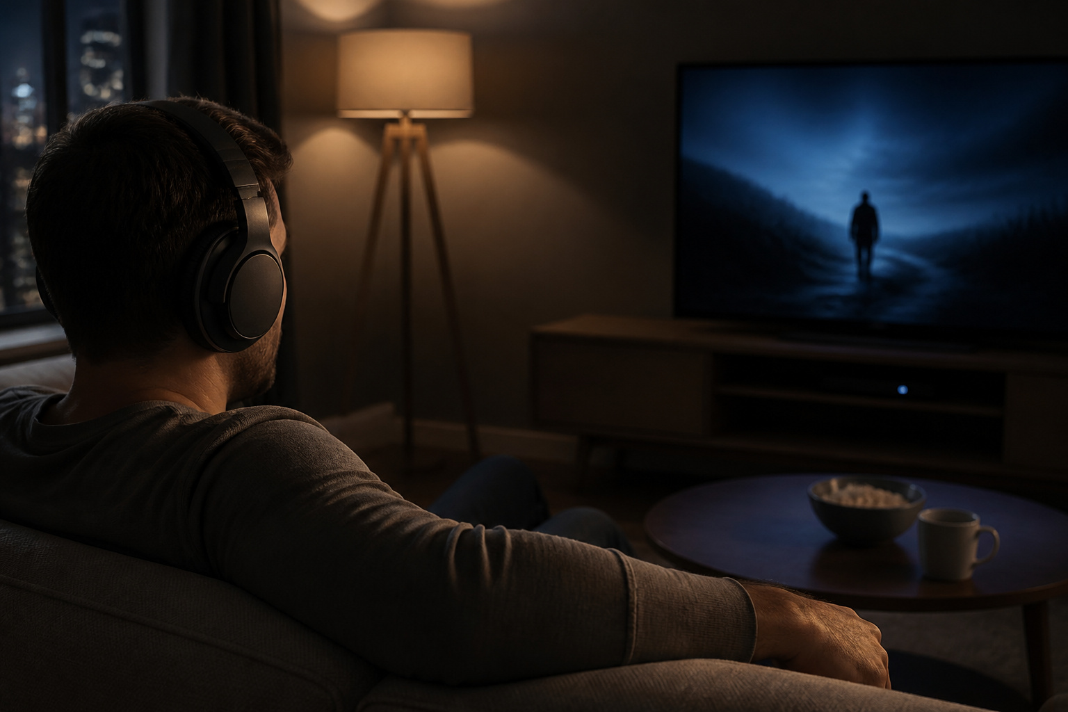 Person wearing wireless headphones watching TV at night