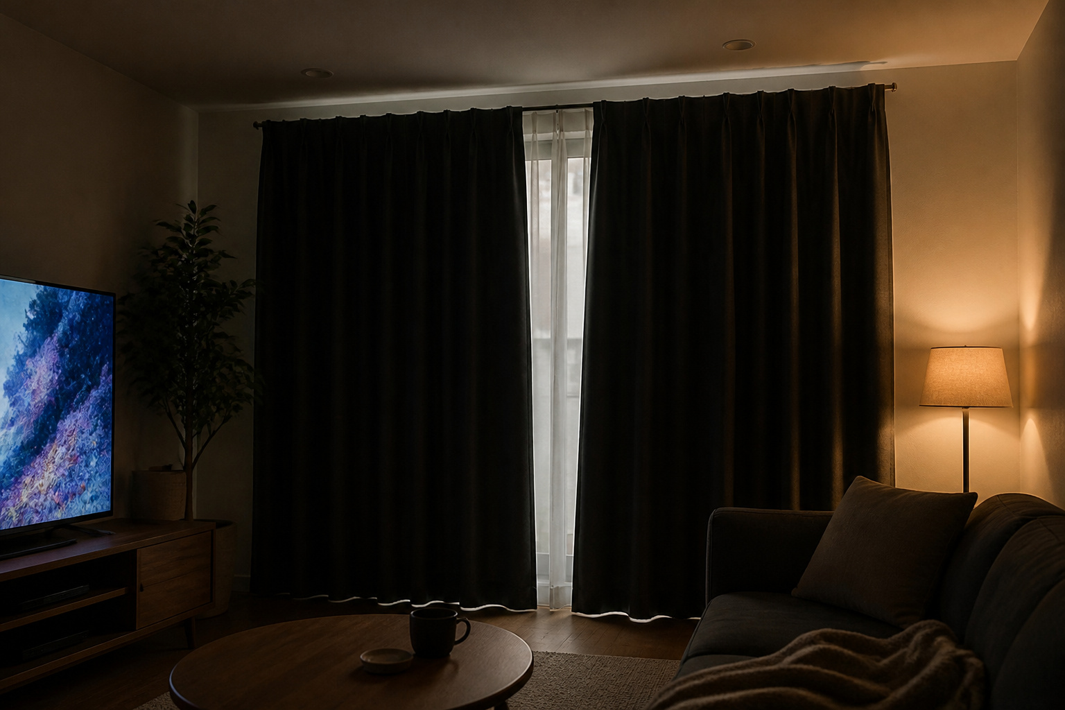 Blackout curtains and a dim lamp in a living room with a TV