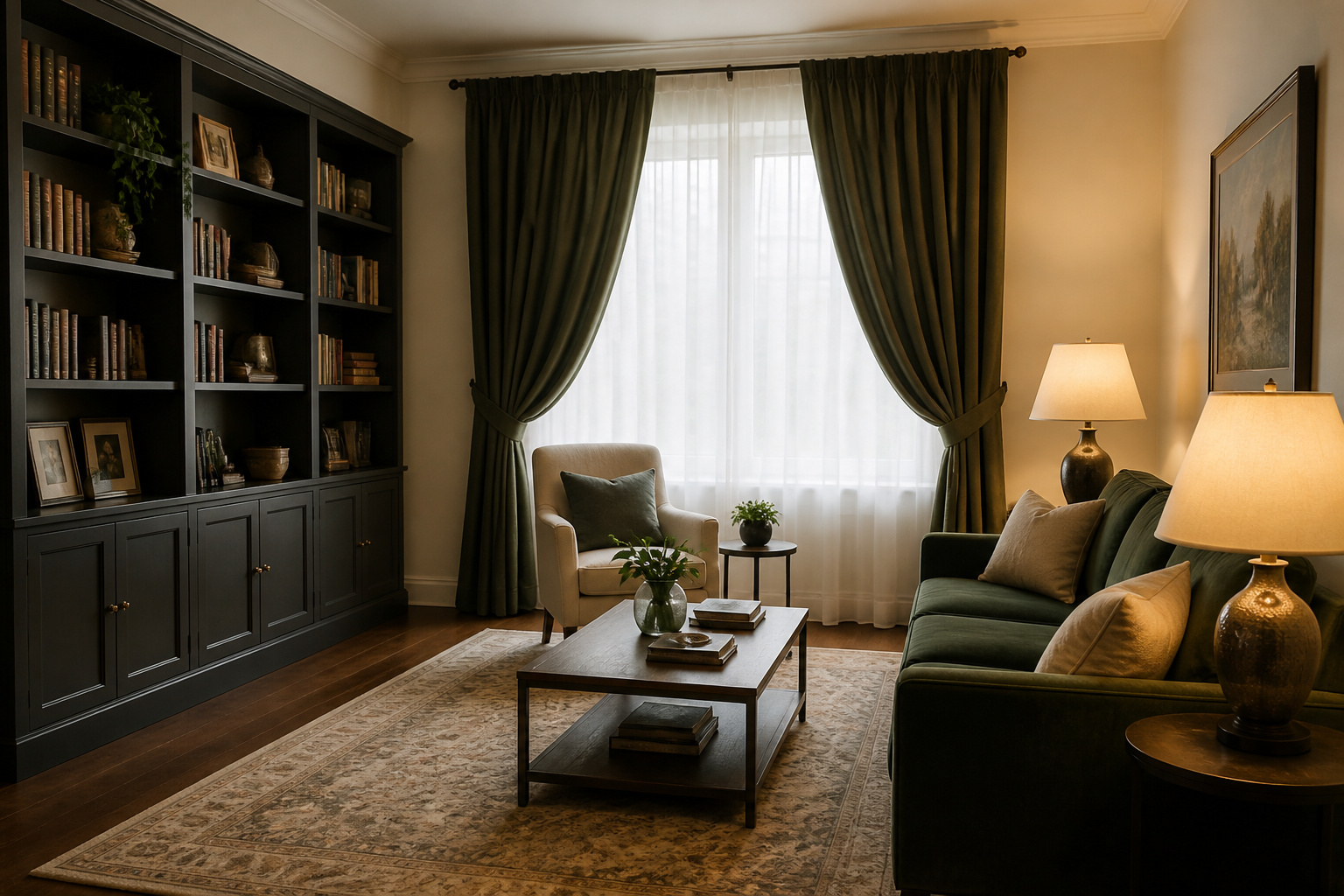 Tidy living room with a bookshelf, rug, and heavy curtains