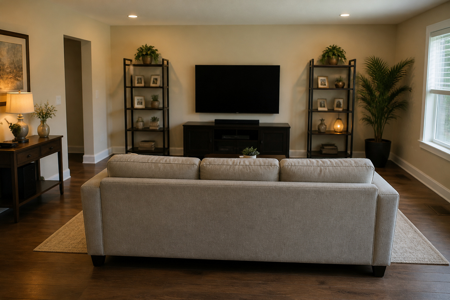 Sofa facing a TV with the screen center at eye level