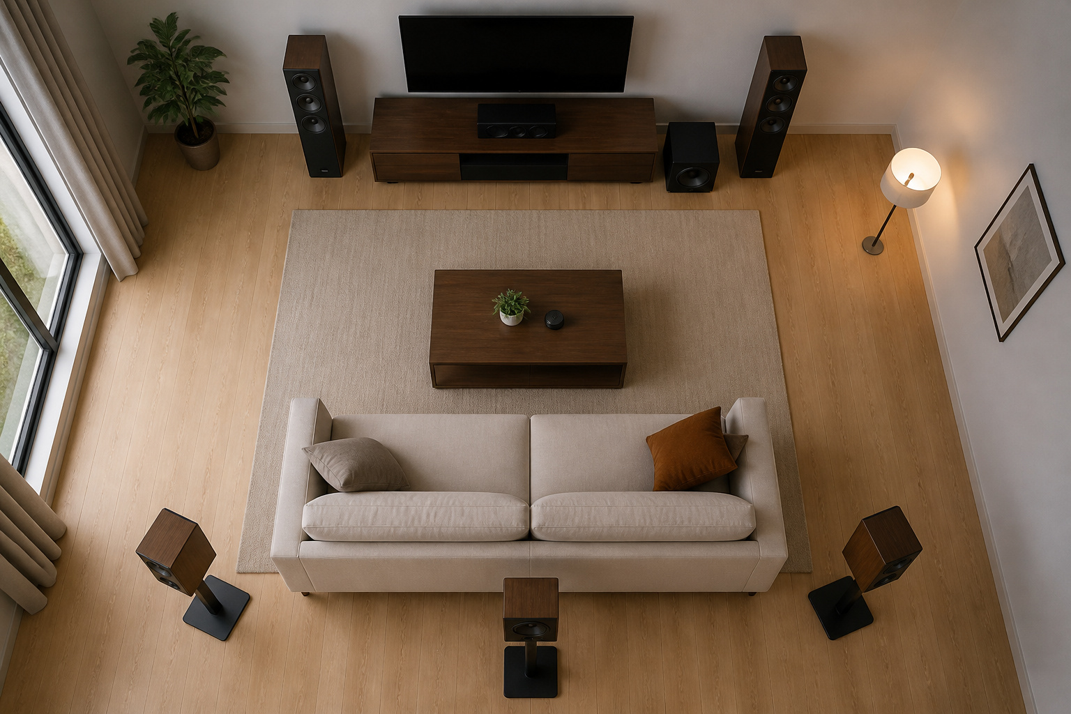Overhead view of speakers arranged around a central sofa