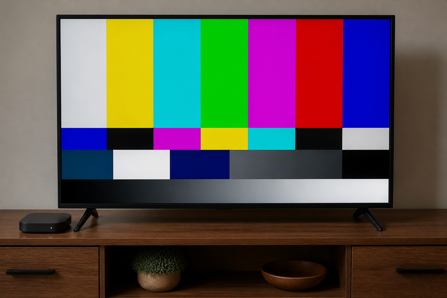 TV screen showing a crisp test pattern with a streaming box