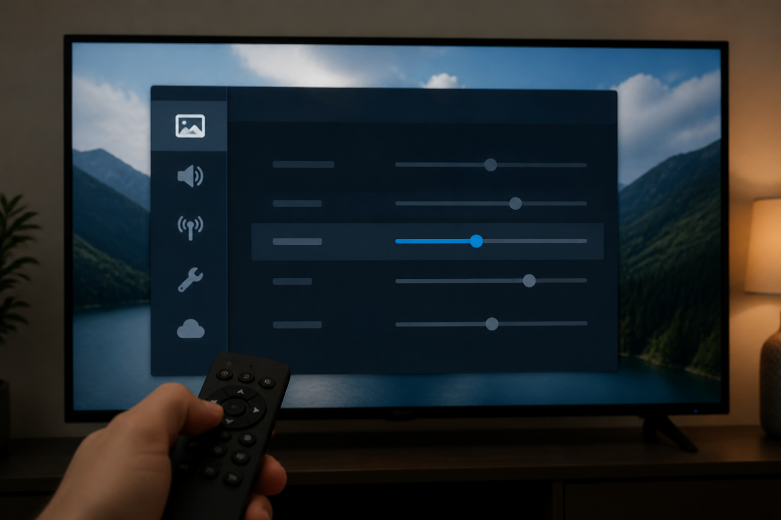 TV settings menu with a sharpness slider