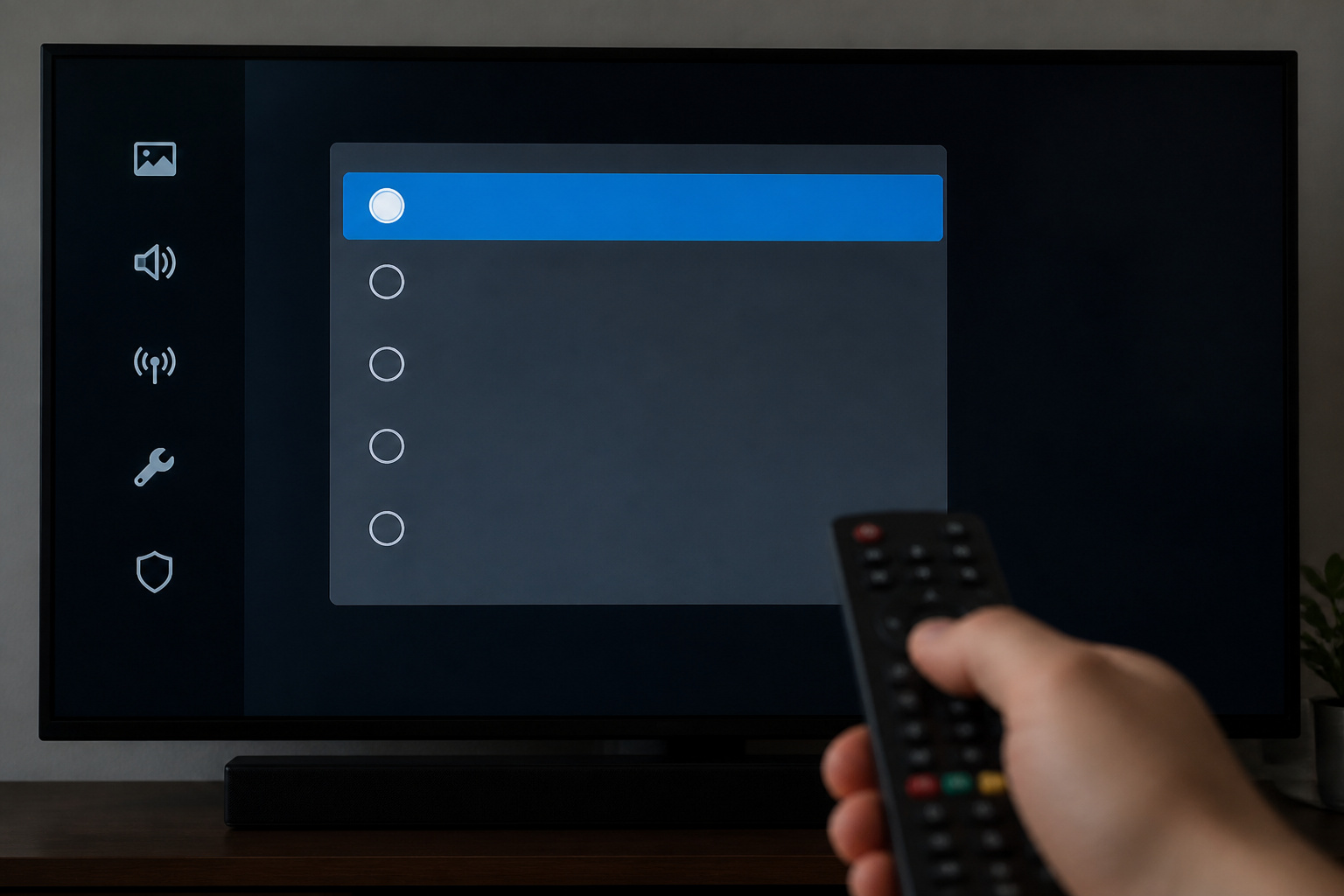 TV mode selection menu with a hand holding a remote