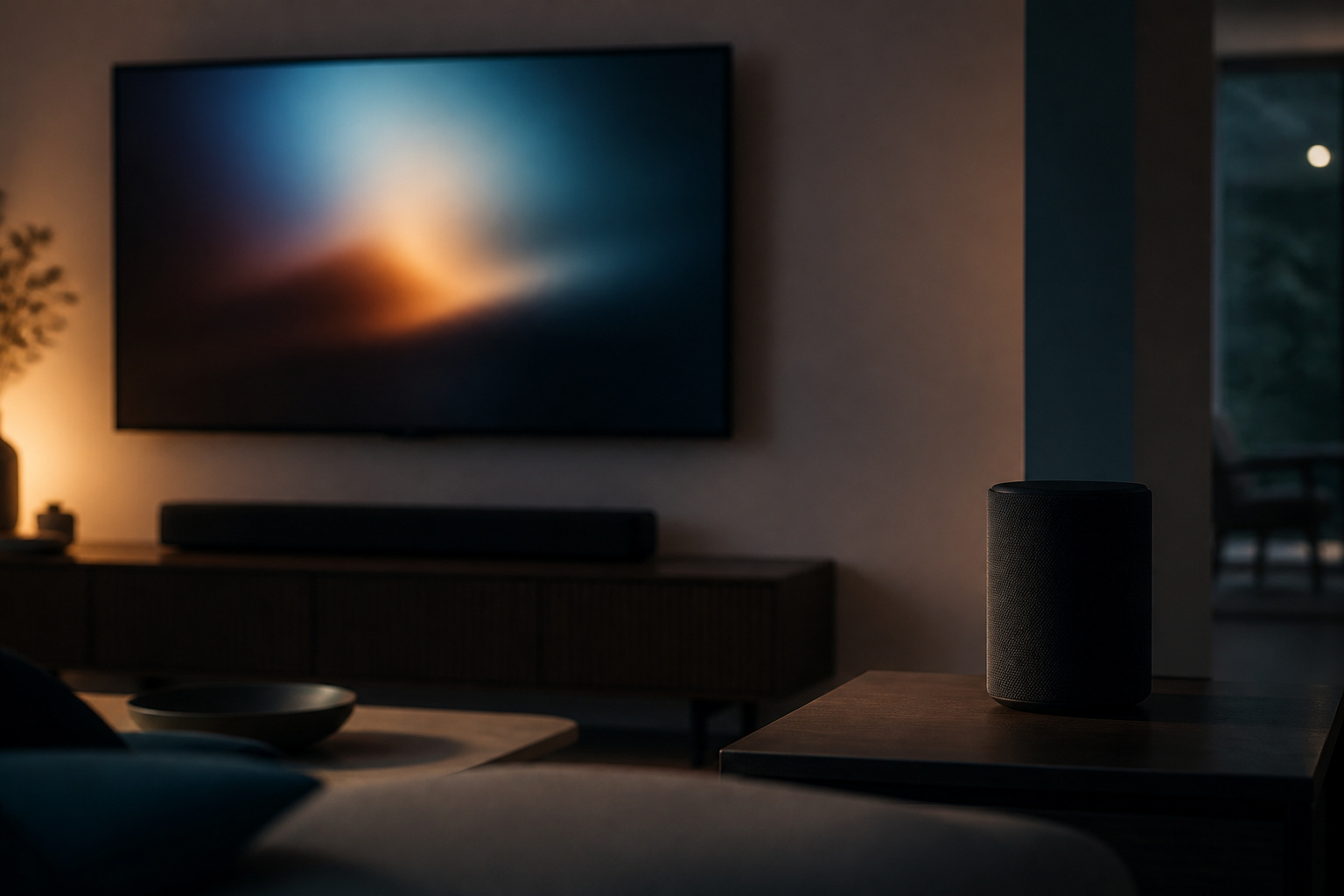 TV with a soundbar and wireless speaker in a living room