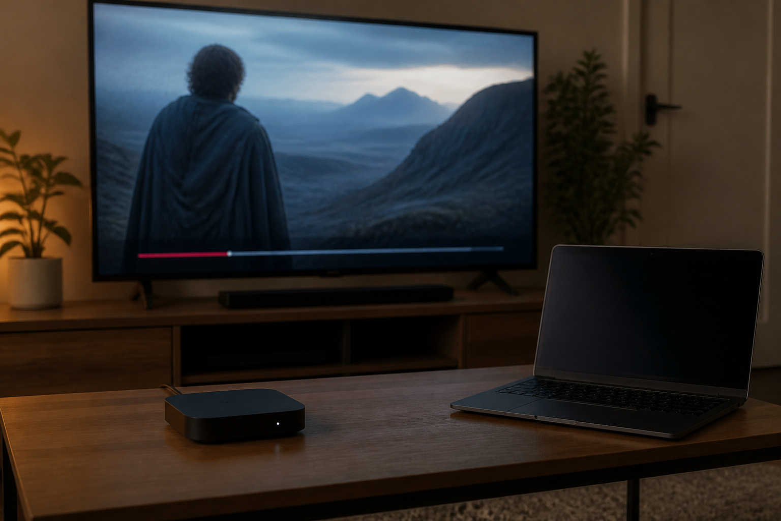 Streaming box and laptop in front of a TV with paused video