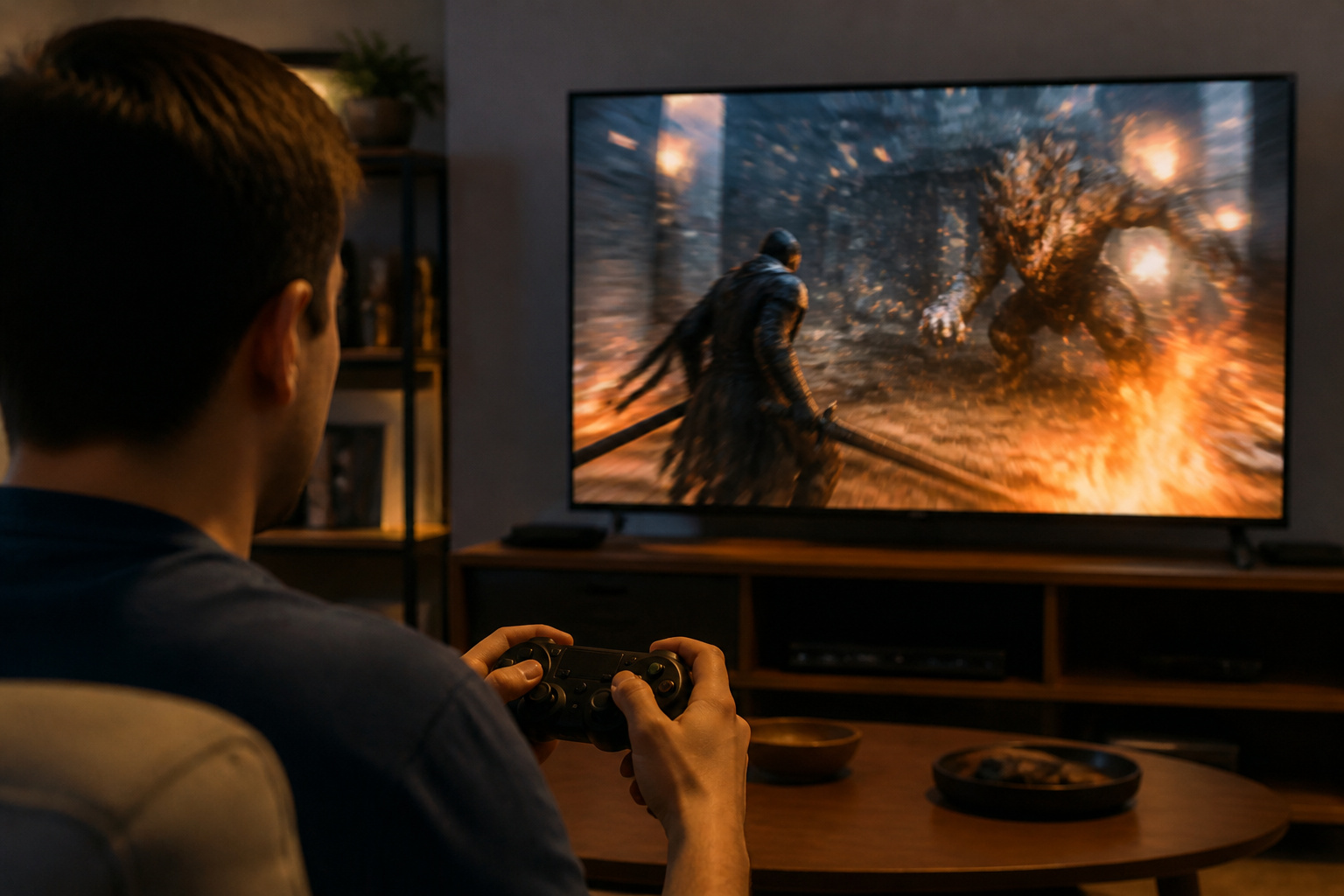 Person playing a fast console game in front of a TV