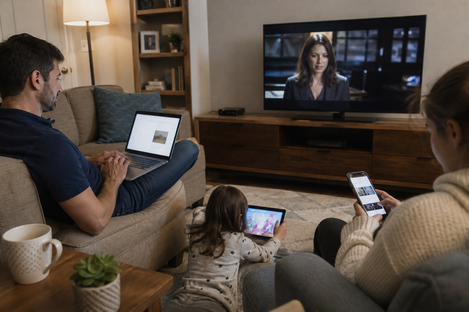 Several devices in use at once in a family room