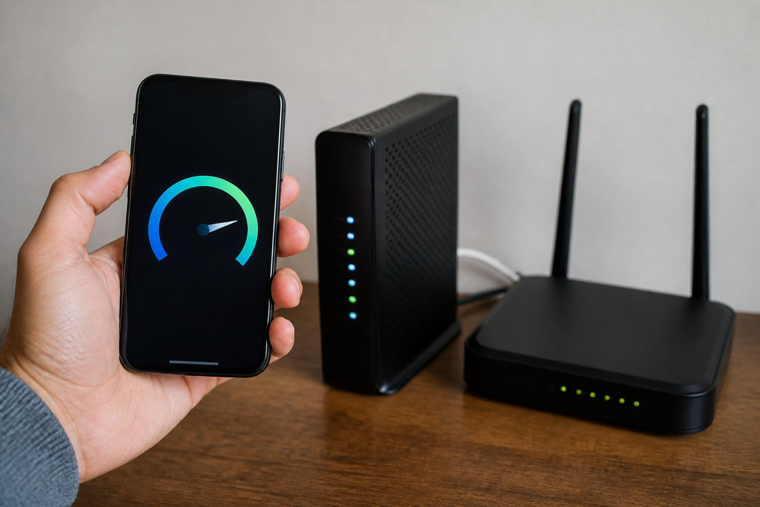 Person checking a speed test beside a modem and router