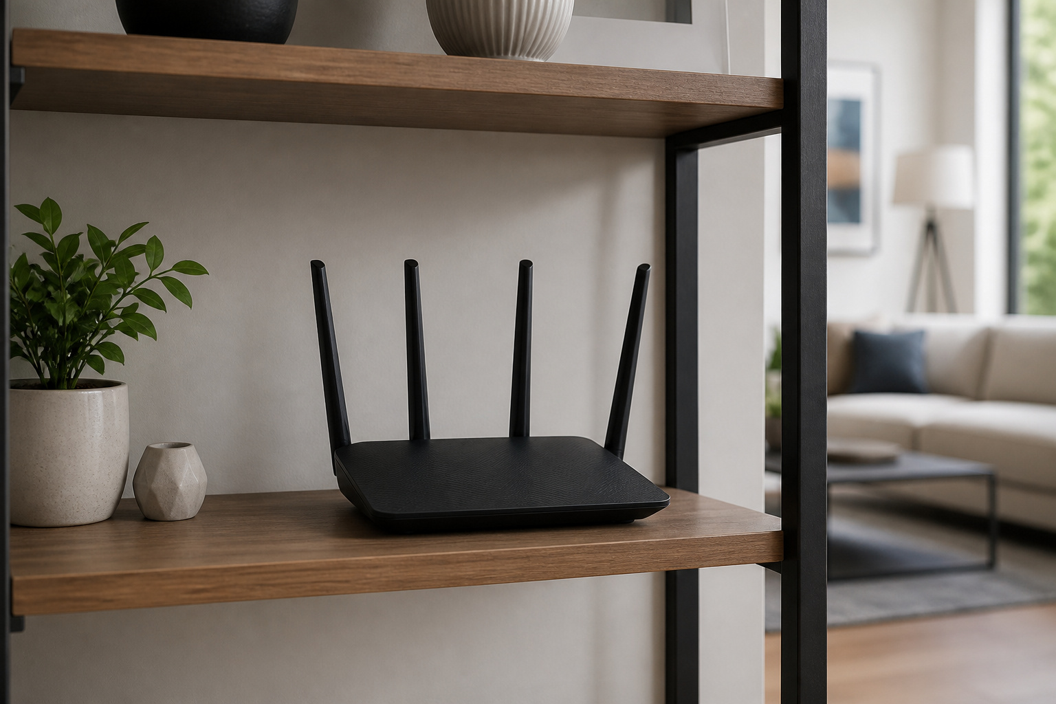 Wi-Fi router on an open shelf in a living room