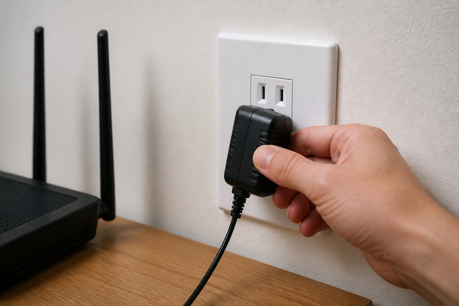 Hand unplugging a router power cable