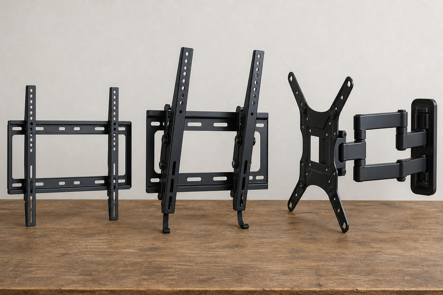 Fixed, tilting, and full-motion TV wall mounts on a table