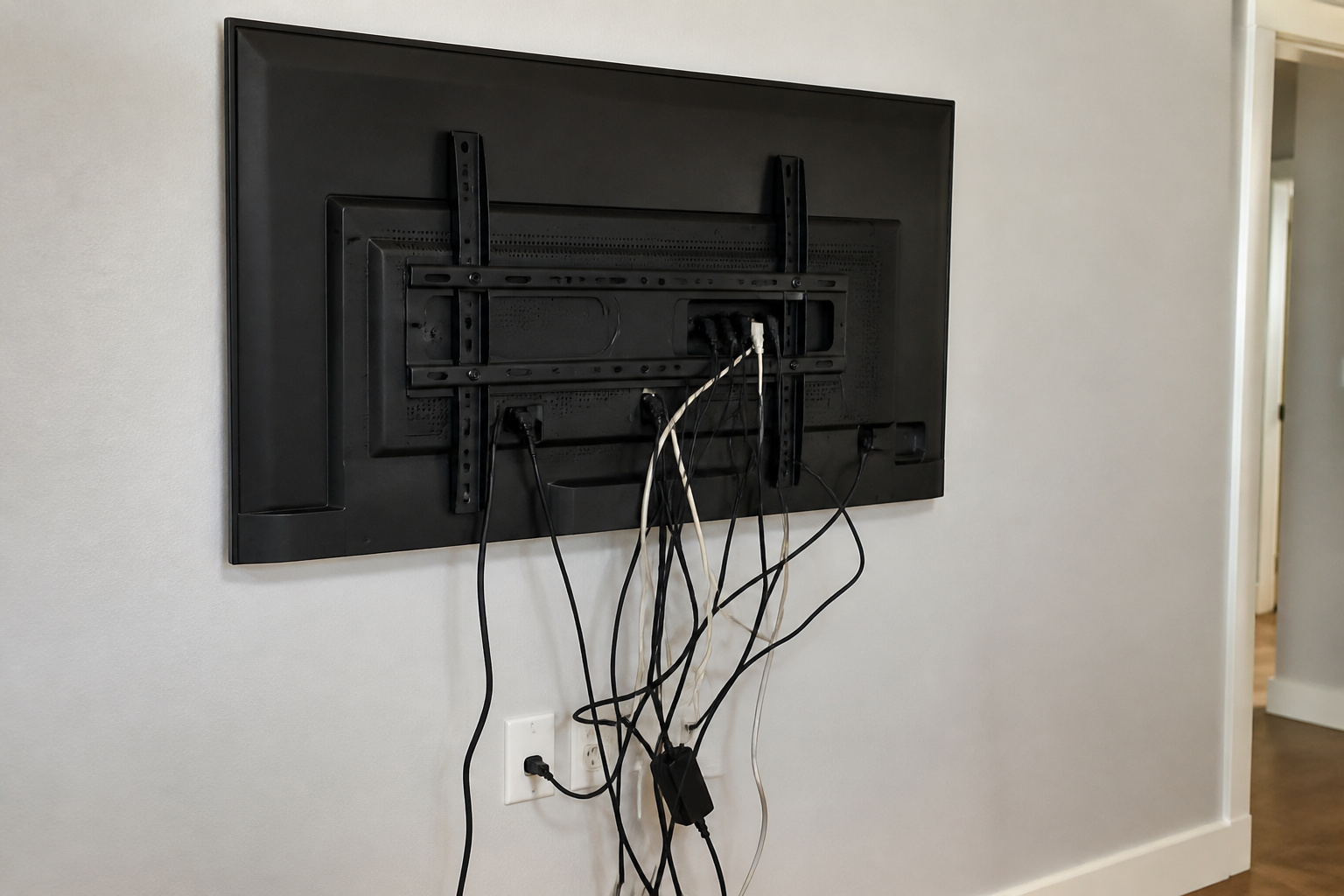 Tangled cables hanging behind a wall-mounted TV