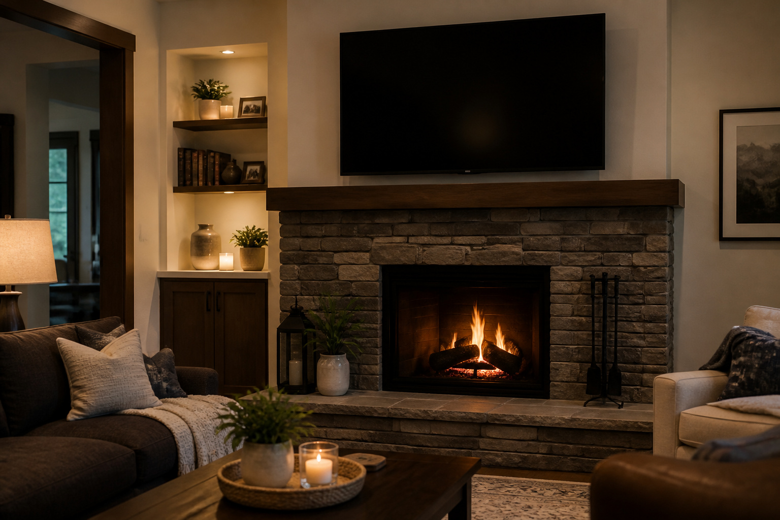TV mounted above a stone fireplace