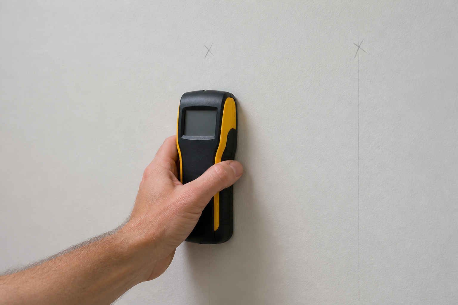 Person using a stud finder on a drywall wall