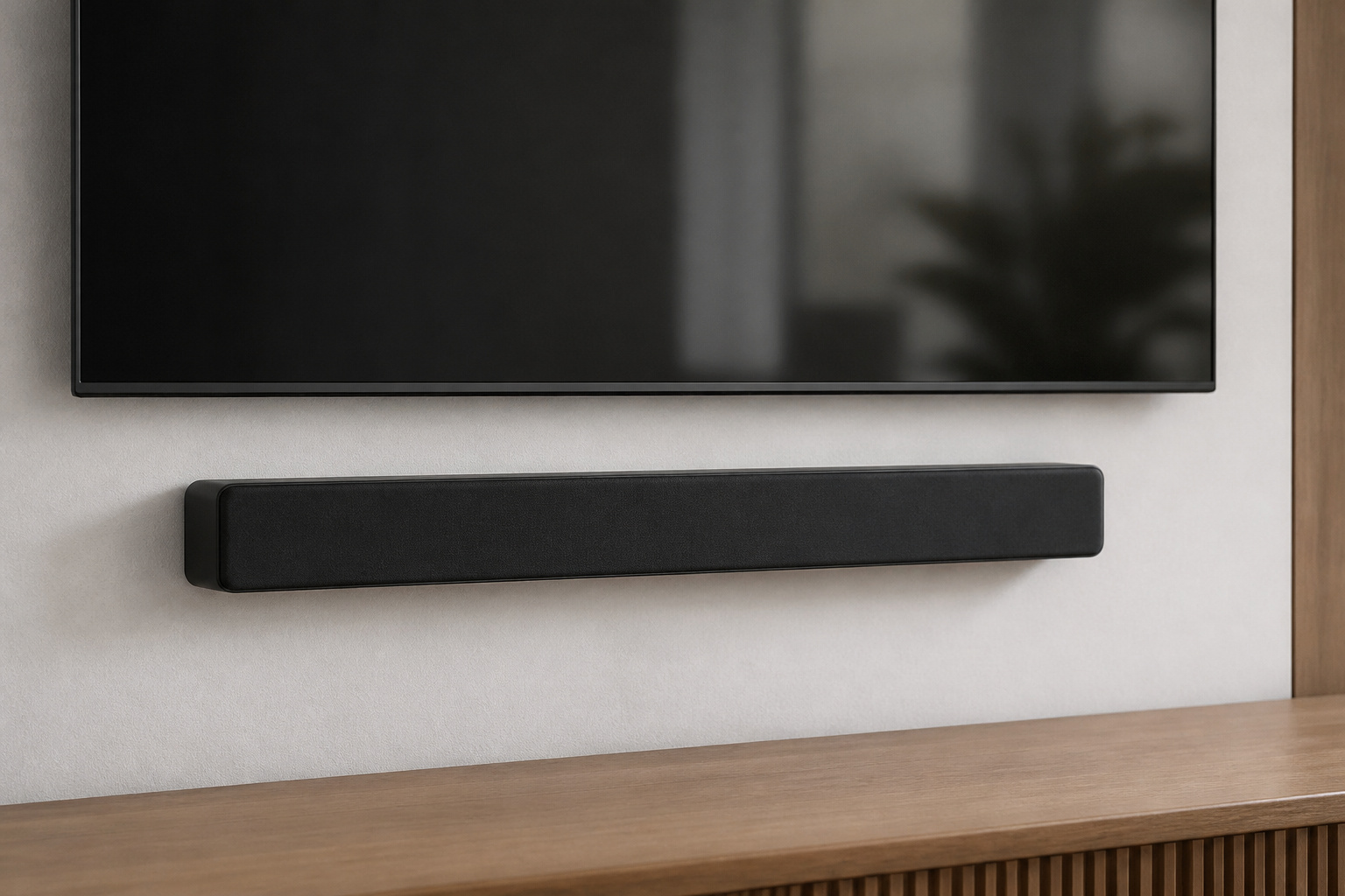 Soundbar mounted below a wall-mounted TV