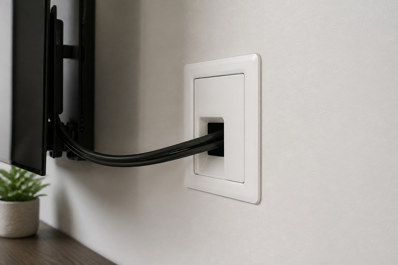 In-wall cable plate behind a wall-mounted TV