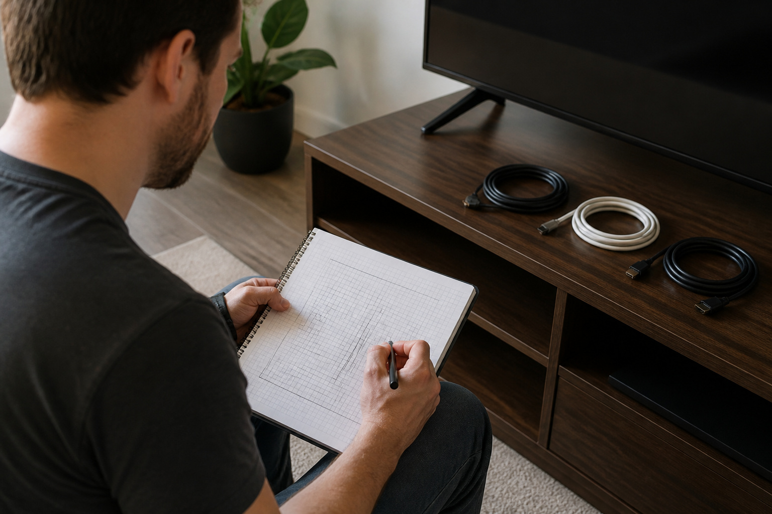 Person planning cable routes beside a TV stand