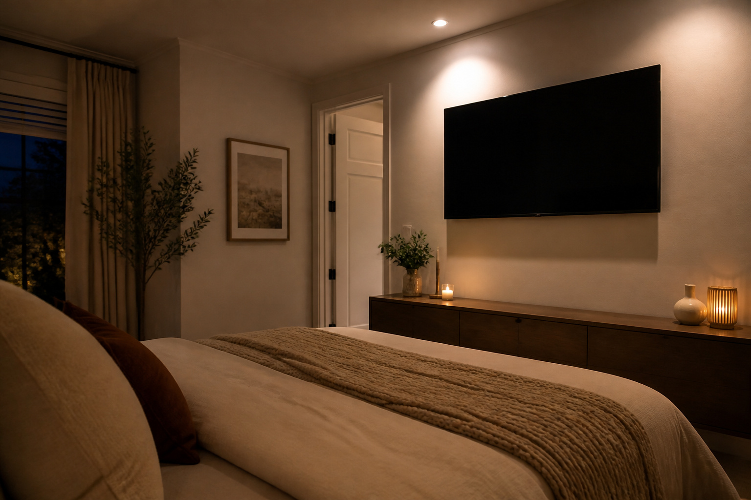 Bedroom with a bed facing a wall-mounted TV